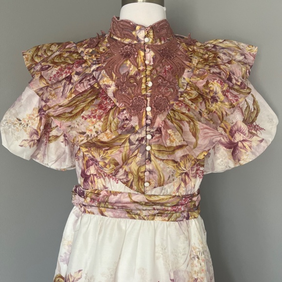 Karen Millen Floral Applique Crinkle Woven Cocktail Balloon Sleeves Mini Dress 8 - Picture 2 of 11